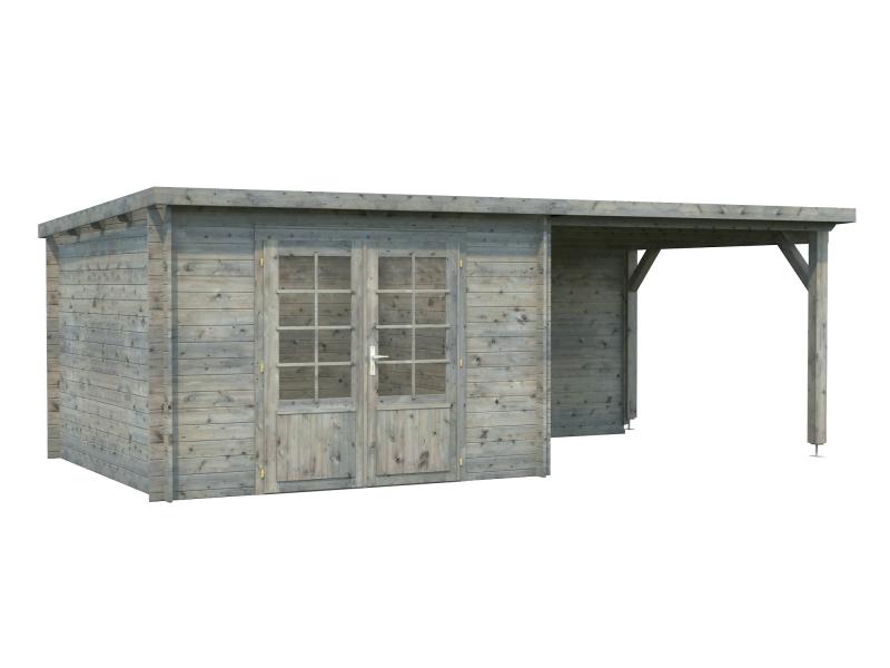Palmako Blockbohlenhaus Ella 8,7 + 8,2 mit Anbaudach und Rückwand 28 mm graue Tauchgrundierung