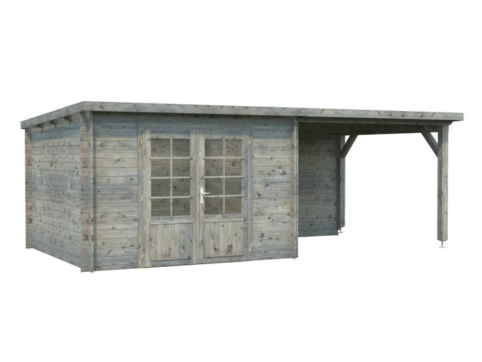 Palmako Blockbohlenhaus Ella 8,7 + 8,2 mit Anbaudach und Rückwand 28 mm graue Tauchgrundierung