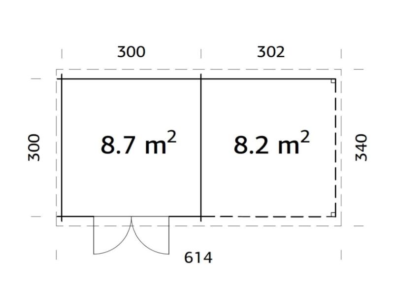 Palmako Blockbohlenhaus Ella 8,7 + 8,2 mit Anbaudach und Rückwand 28 mm graue Tauchgrundierung