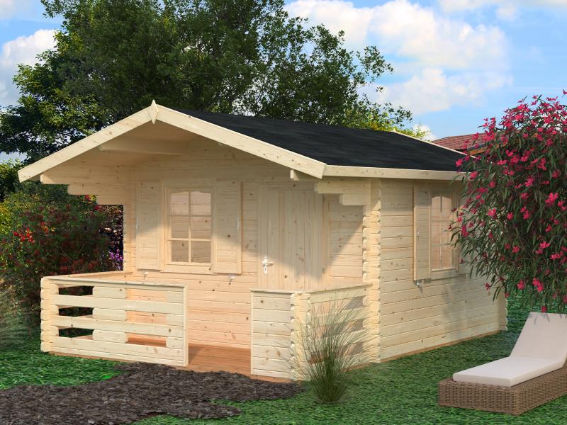 Palmako Blockbohlenhaus Emma 10,4 + 4,2 inkl. Fensterläden und Terrasse 34 mm natur