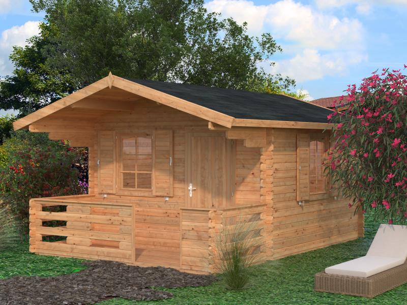 Palmako Blockbohlenhaus Emma 10,4 + 4,2 inkl. Fensterläden und Terrasse 34 mm braune Tauchgrundierun