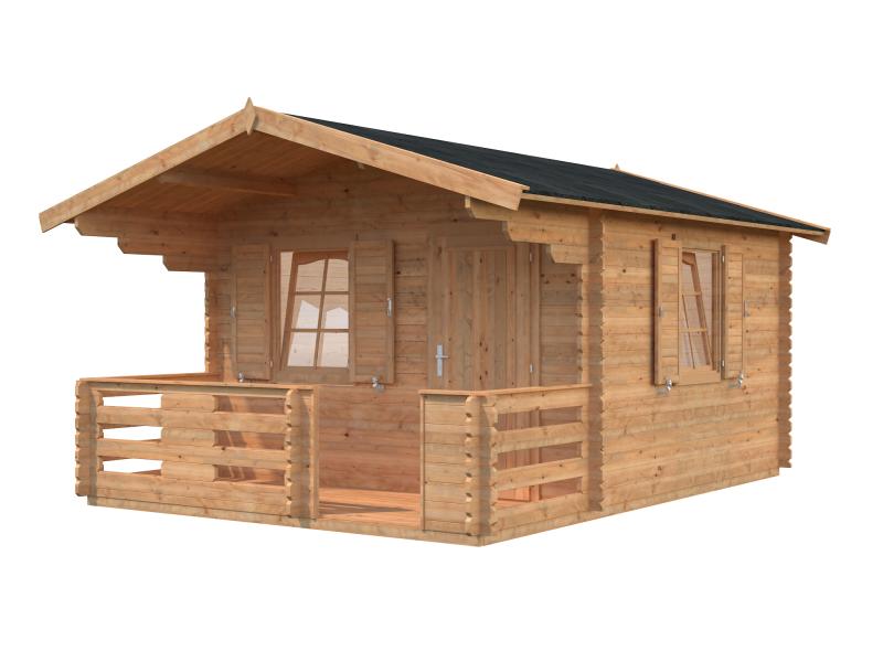 Palmako Blockbohlenhaus Emma 10,4 + 4,2 inkl. Fensterläden und Terrasse 34 mm braune Tauchgrundierun