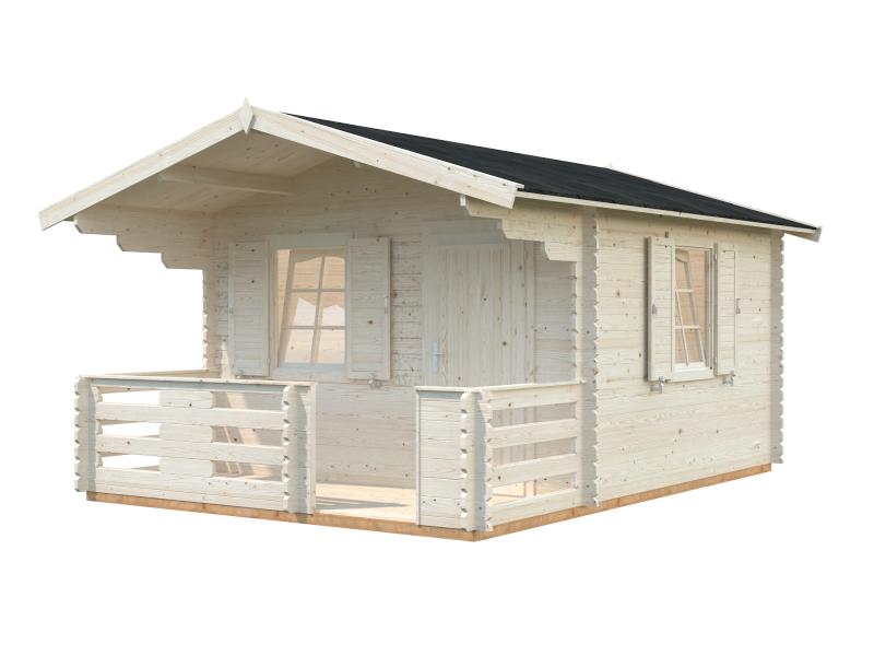 Palmako Blockbohlenhaus Emma 10,4 + 4,2 inkl. Fensterläden und Terrasse 34 mm transparente Tauchgrun