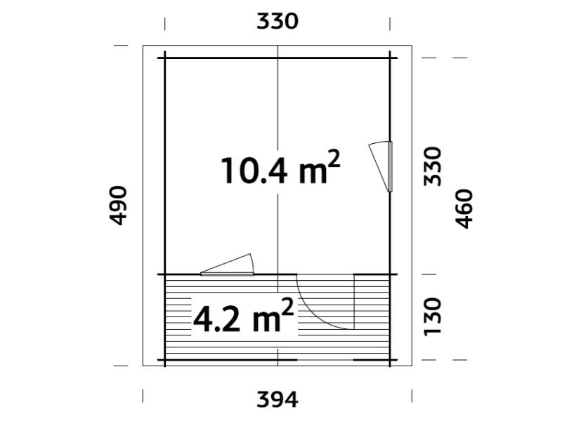 Palmako Blockbohlenhaus Emma 10,4 + 4,2 inkl. Fensterläden und Terrasse 34 mm transparente Tauchgrun