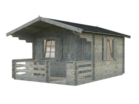 Palmako Blockbohlenhaus Emma 10,4 + 4,2 inkl. Fensterläden und Terrasse 34 mm graue Tauchgrundierung