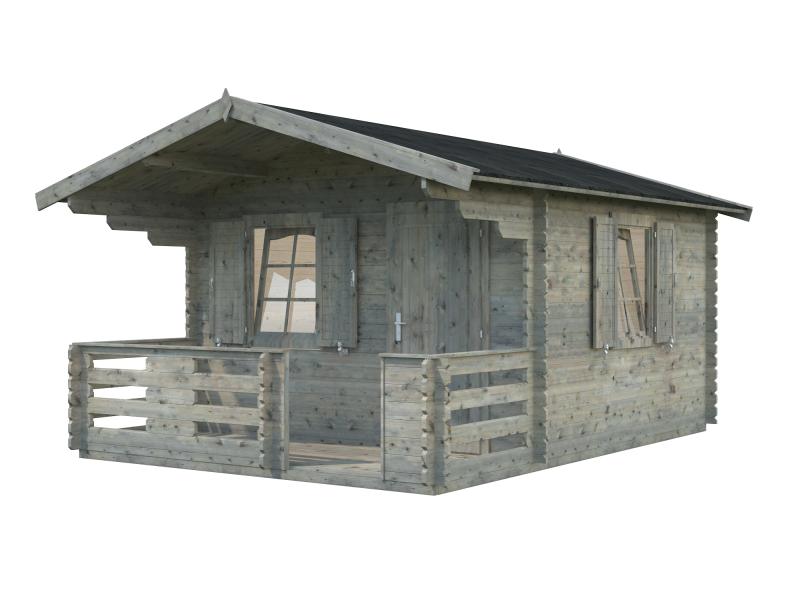 Palmako Blockbohlenhaus Emma 10,4 + 4,2 inkl. Fensterläden und Terrasse 34 mm graue Tauchgrundierung
