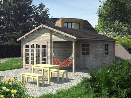 Palmako Blockbohlenhaus Irene 2-Raum 21,9 + 5,2 44 mm graue Tauchgrundierung