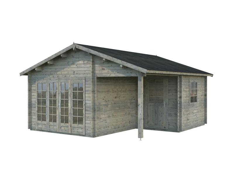 Palmako Blockbohlenhaus Irene 2-Raum 21,9 + 5,2 44 mm graue Tauchgrundierung