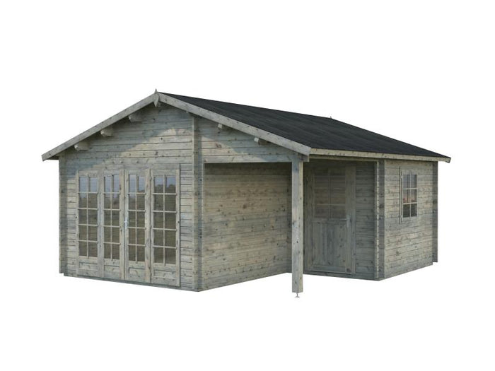 Palmako Blockbohlenhaus Irene 2-Raum 21,9 + 5,2 44 mm graue Tauchgrundierung
