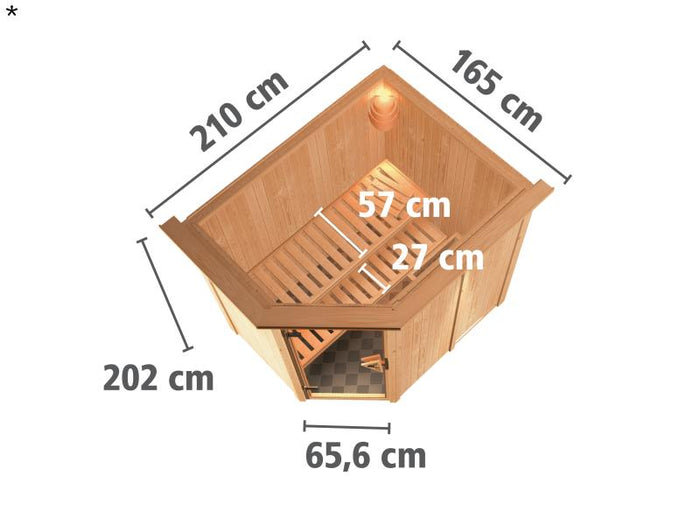 Saja - Karibu Sauna Plug & Play 3,6 kW Ofen, ext. Steuerung - mit Dachkranz - Energiespartür