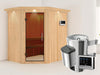 Saja - Karibu Sauna Plug & Play 3,6 kW Ofen, ext. Steuerung - mit Dachkranz - Moderne Saunatür