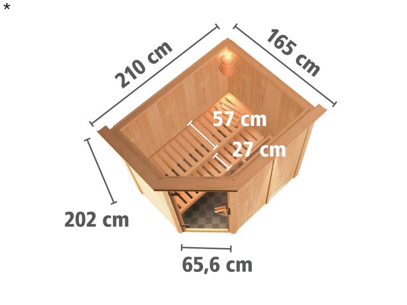 Saja - Karibu Sauna Plug & Play 3,6 kW Ofen, int. Steuerung - mit Dachkranz - Klarglas Ganzglastür