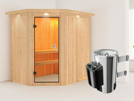 Saja - Karibu Sauna Plug & Play inkl. 3,6 kW-Ofen - mit Dachkranz -