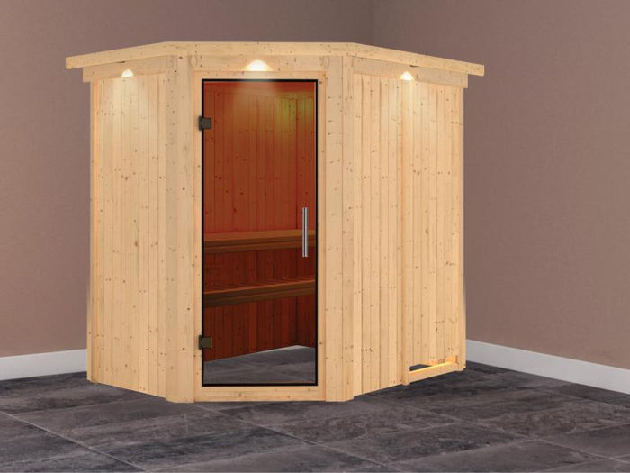 Saja - Karibu Sauna Plug & Play ohne Ofen - mit Dachkranz - Moderne Saunatür
