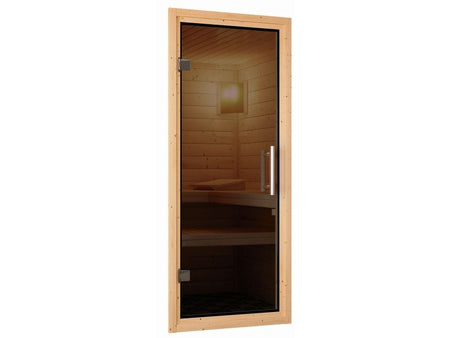 Saja - Karibu Sauna Plug & Play ohne Ofen - mit Dachkranz - Moderne Saunatür