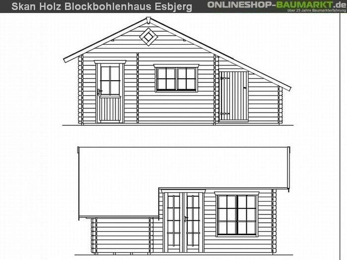 Skan Holz Blockbohlenhaus Esbjerg Größe 3 mit Anbau, 420 x 560 cm