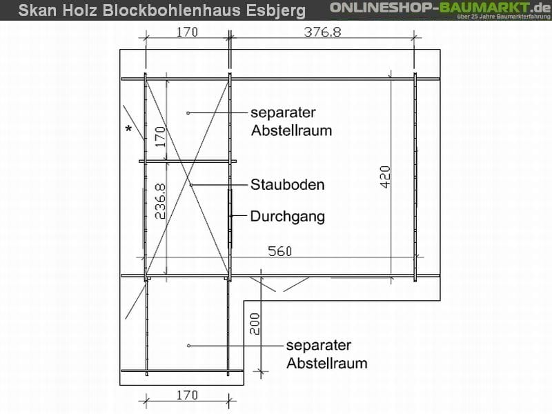 Skan Holz Blockbohlenhaus Esbjerg Größe 3 mit Anbau, 420 x 560 cm