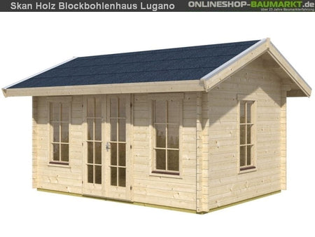 Skan Holz Blockbohlenhaus Lugano 1 Dach dämmbar für Dachschindeln 45plus, 420 x 300 cm