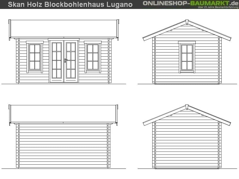 Skan Holz Blockbohlenhaus Lugano 1 Dach dämmbar für Dachschindeln 45plus, 420 x 300 cm