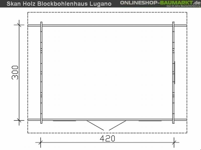 Skan Holz Blockbohlenhaus Lugano 1 Dach dämmbar für Dachschindeln 45plus, 420 x 300 cm