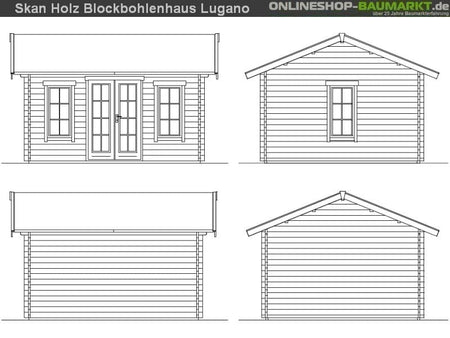 Skan Holz Blockbohlenhaus Lugano 2 Dach dämmbar für Dachziegel 45plus, 420 x 380 cm