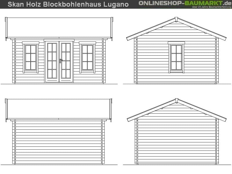 Skan Holz Blockbohlenhaus Lugano 2 Dach dämmbar für Dachschindeln 45plus, 420 x 380 cm
