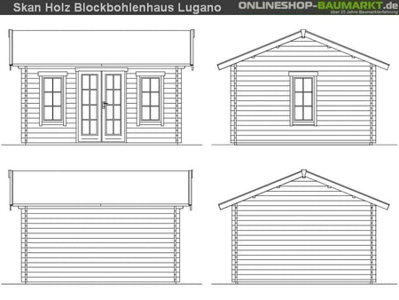 Skan Holz Blockbohlenhaus Lugano 2 Dach dämmbar für Dachschindeln 45plus, 420 x 380 cm