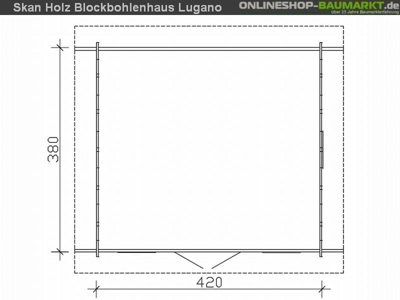 Skan Holz Blockbohlenhaus Lugano 2 Dach dämmbar für Dachschindeln 45plus, 420 x 380 cm
