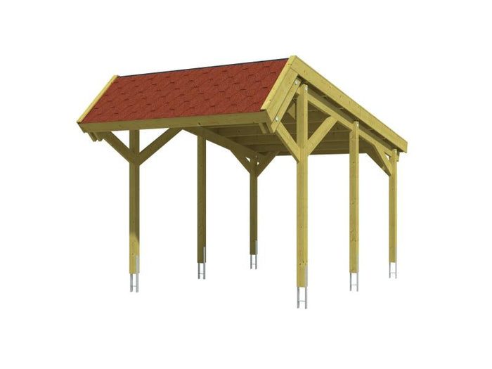 Skan Holz Carport Harz 321 x 560 cm mit roten Schindeln