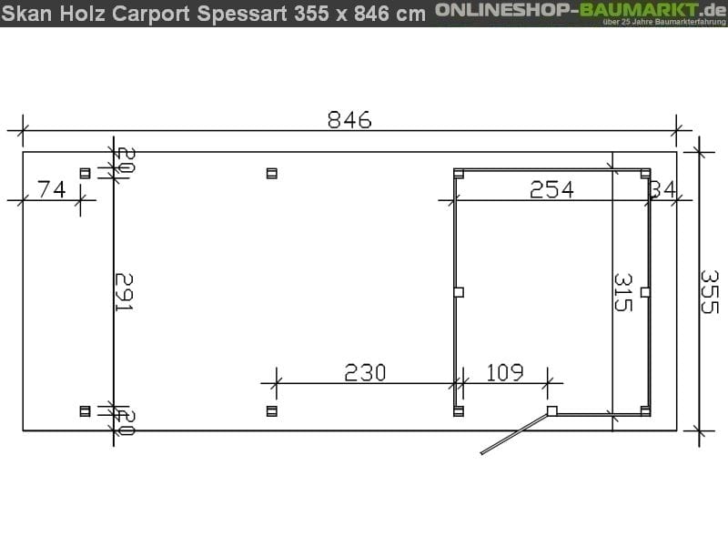 Skan Holz Carport Spessart 355 x 846 cm Leimholz mit Abstellraum