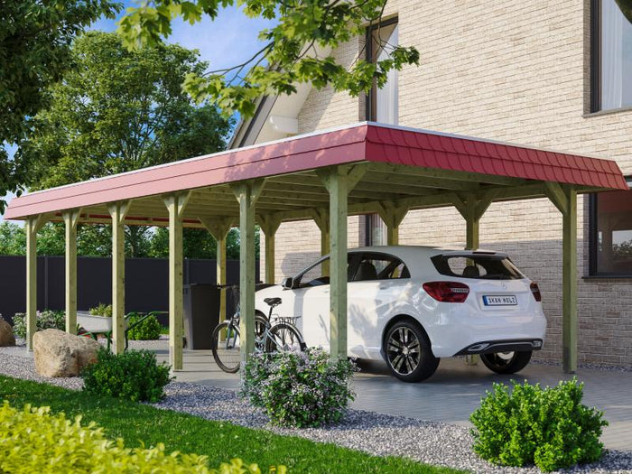 Skan Holz Carport Spreewald 396 x 893 cm mit roter Blende