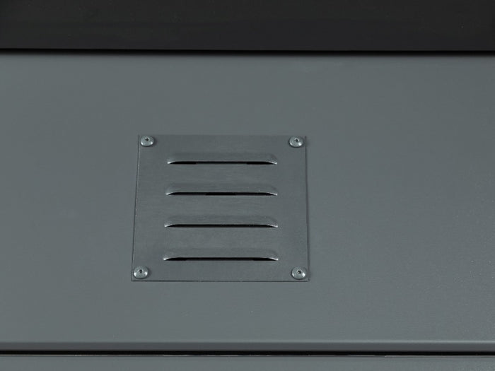 Telluria Metall-Gerätehaus Classico 2424 Granitgrau mit großem Seitendach links