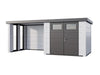 Telluria Metall-Gerätehaus Classico 2724 komplett Weiß mit Lounge links, inkl. 2 Fenster