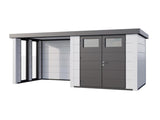 Telluria Metall-Gerätehaus Classico 2724 komplett Weiß mit Lounge links, inkl. 2 Fenster