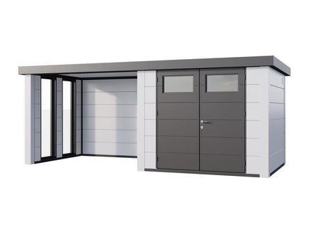 Telluria Metall-Gerätehaus Classico 2724 komplett Weiß mit Lounge links, inkl. 2 Fenster