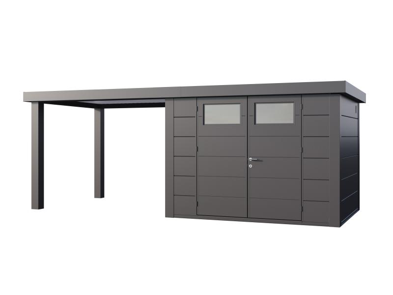 Telluria Metall-Gerätehaus Classico 3024 Granitgrau mit großem Seitendach links