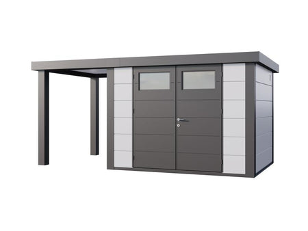 Telluria Metall-Gerätehaus Classico 3024 Weiß mit kleinem Seitendach links