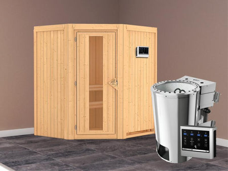 Tonja - Karibu Sauna Plug & Play 3,6 kW Bio Ofen, ext. Steuerung - ohne Dachkranz - Energiespartür