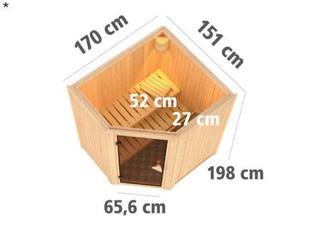 Tonja - Karibu Sauna Plug & Play 3,6 kW Bio Ofen, ext. Steuerung - ohne Dachkranz - Moderne Saunatür