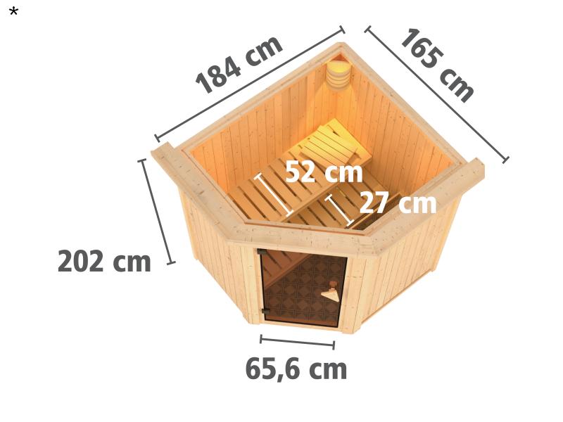 Tonja - Karibu Sauna Plug & Play 3,6 kW Bio Ofen, ext. Steuerung - mit Dachkranz - Moderne Saunatür