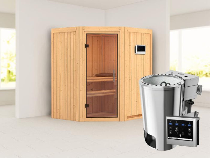 Tonja - Karibu Sauna Plug & Play 3,6 kW Bio Ofen, ext. Steuerung - ohne Dachkranz - Klarglas Ganzgla