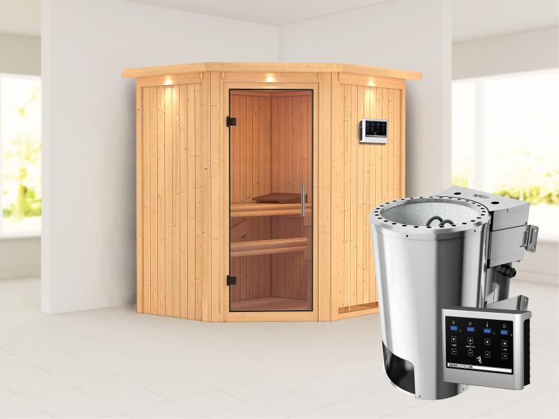 Tonja - Karibu Sauna Plug & Play 3,6 kW Bio Ofen, ext. Steuerung - mit Dachkranz - Klarglas Ganzglas