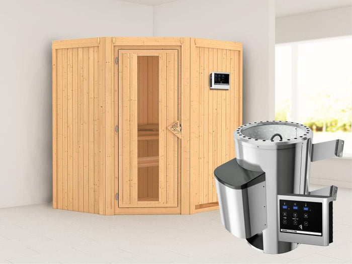 Tonja - Karibu Sauna Plug & Play 3,6 kW Ofen, ext. Steuerung - ohne Dachkranz - Energiespartür