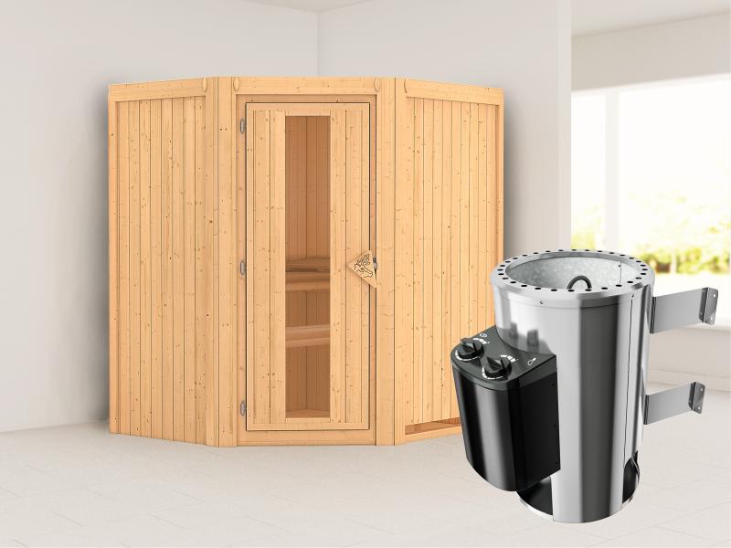 Tonja - Karibu Sauna Plug & Play 3,6 kW Ofen, int. Steuerung - ohne Dachkranz - Energiespartür