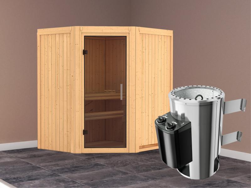 Tonja - Karibu Sauna Plug & Play 3,6 kW Ofen, int. Steuerung - ohne Dachkranz - Moderne Saunatür
