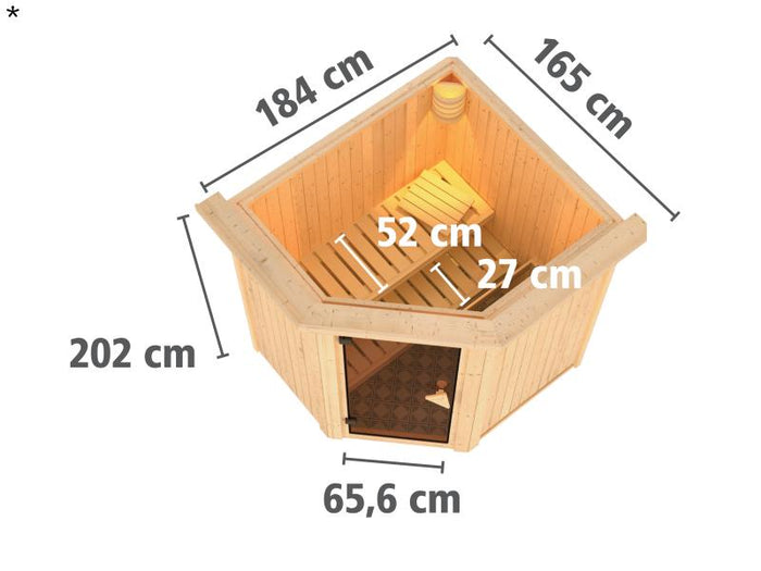 Tonja - Karibu Sauna Plug & Play 3,6 kW Ofen, int. Steuerung - mit Dachkranz - Klarglas Ganzglastür