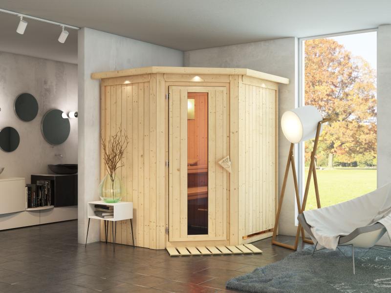 Tonja - Karibu Sauna Plug & Play ohne Ofen - mit Dachkranz - Energiespartür