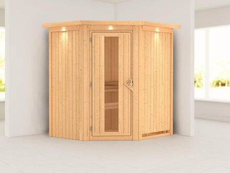 Tonja - Karibu Sauna Plug & Play ohne Ofen - mit Dachkranz - Energiespartür
