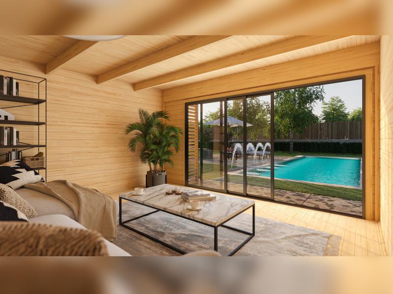 Weka Design-Gartenhaus Pure Garden Amberley 1/3, 44 mm, 400x400 cm, Naturbelassen, große Schiebetür