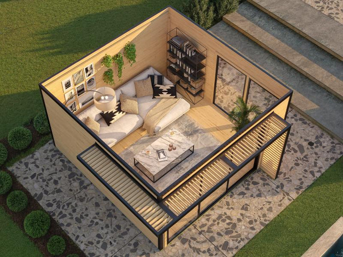 Weka Design-Gartenhaus Pure Garden Amberley 1/3, 44 mm, 400x400 cm, Naturbelassen, große Schiebetür,